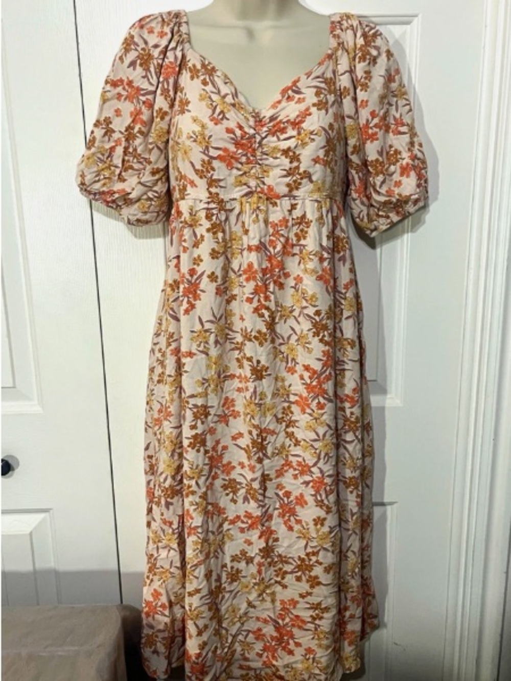 Women's Floral Puff Sleeve Midi Dress - Cream with Orange & Mustard
